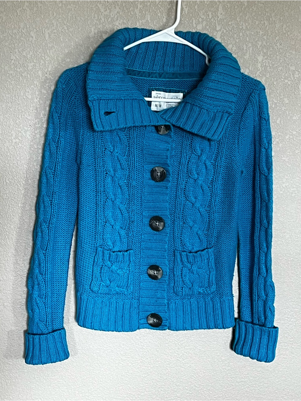 Y2K Aeropostale Women's Teal Cable-Knit Button Front Cardigan